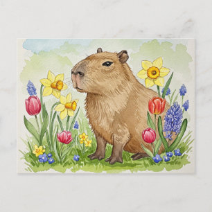 Carte postale de capybara mignon avec des fleurs d