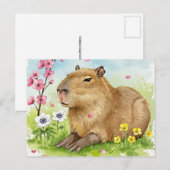 Carte postale de capybara mignon avec des fleurs d (Devant / Derrière)