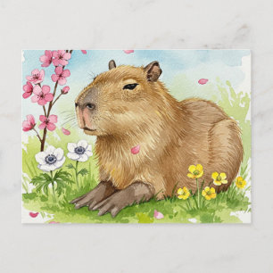 Carte postale de capybara mignon avec des fleurs d