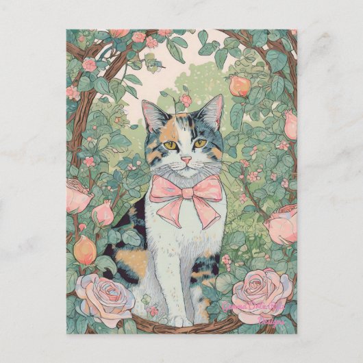 Carte postale de chat calico avec des fleurs (Devant)
