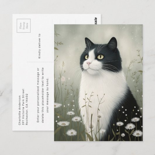 Carte postale de chat élégant noir et blanc (Devant / Derrière)