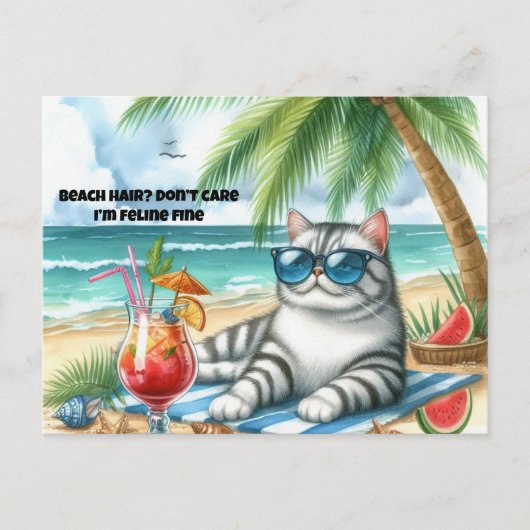 Carte postale de chat fine félin cheveux de plage  (Devant)