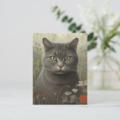 Carte postale de chat gris dans un jardin (Debout devant)