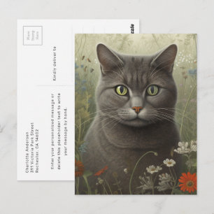 Carte postale de chat gris dans un jardin