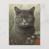 Carte postale de chat gris dans un jardin (Devant)