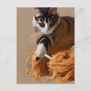 Carte postale de chat mangeant des spaghetti