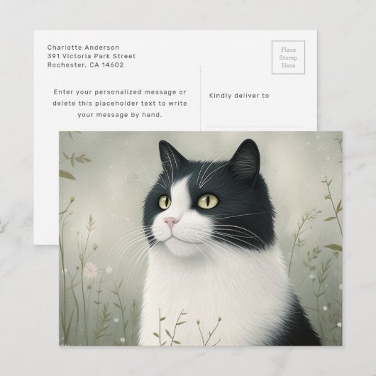 Carte postale de chat noir et blanc (Devant / Derrière)