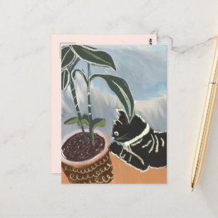 Carte postale de chat regardant les plantes d'inté