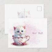 Carte postale de chaton dans une tasse de fleurs r (Devant / Derrière)