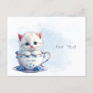 Carte postale de chaton dans une tasse fleurs bleu
