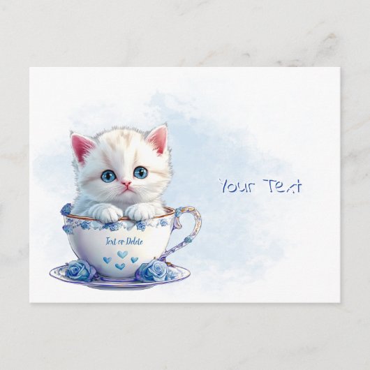 Carte postale de chaton dans une tasse fleurs bleu (Devant)