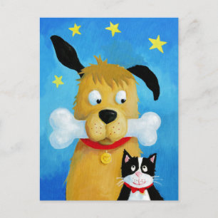 Carte postale de chien avec os et chats