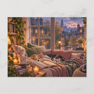 Carte postale de coin de lecture par temps de plui
