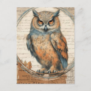 Carte postale de collage de hibou vintage aquarell