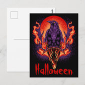 Carte postale de corbeau d'Halloween avec des flam (Devant / Derrière)