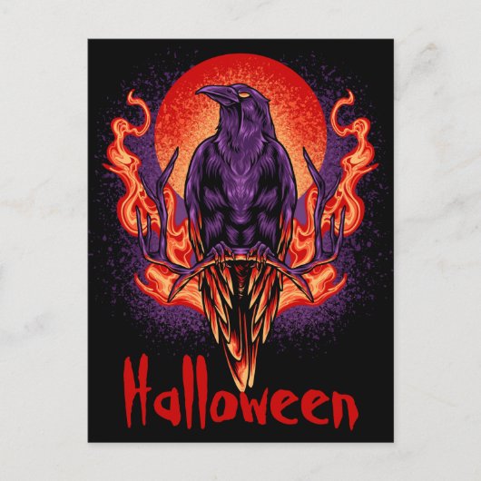 Carte postale de corbeau d'Halloween avec des flam (Devant)