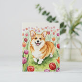 Carte postale de Corgi mignon dans les tulipes (Debout devant)