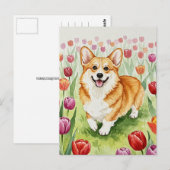 Carte postale de Corgi mignon dans les tulipes (Devant / Derrière)