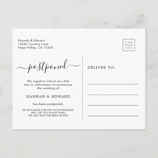 Carte postale de faire-part de mariage reporté mod (Dos)