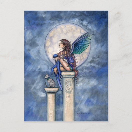 Carte postale de fée de la lune indigo et chat (Devant)
