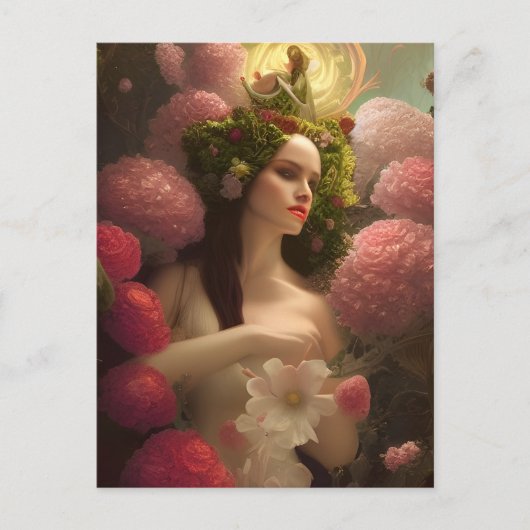 Carte postale de femme aux fleurs roses (Devant)