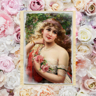 Carte postale de femme victorienne aux roses roses