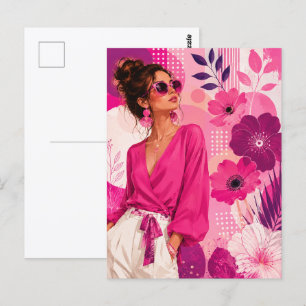 Carte postale de fille à la mode rose floral