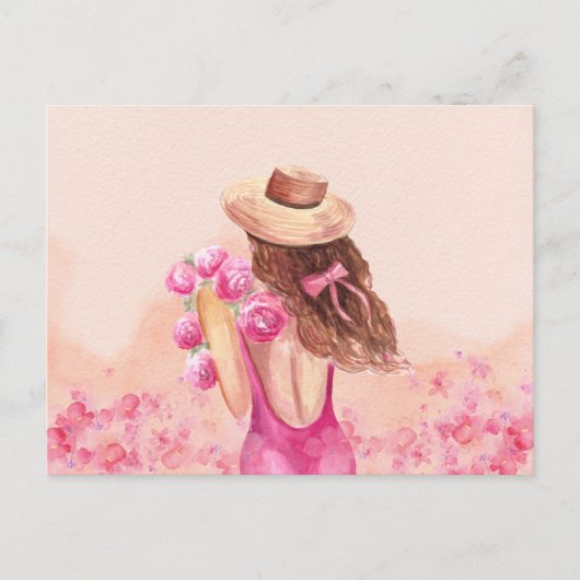 Carte postale de fille au bouquet de fleurs rose e (Devant)