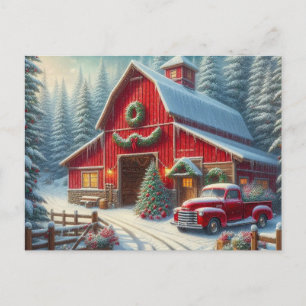 Carte postale de grange rouge pour Noël avec camio