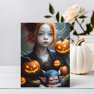 Carte postale de Halloween avec jeune démon et ani