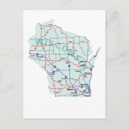 Carte postale de la carte des autoroutes du Wiscon (Devant)