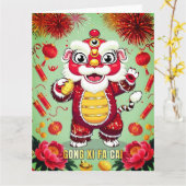 Carte postale de la danse du lion pour le Nouvel A (Fleur jaune)