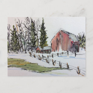 Carte postale de la grange en hiver rouge paysage