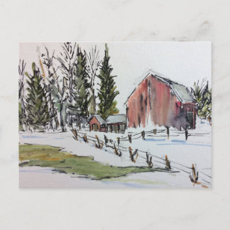 Carte postale de la grange en hiver rouge paysage