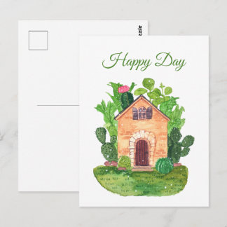 Carte postale de la maison de cactus à l'aquarelle