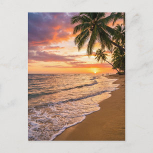Carte postale de la plage au coucher du soleil tro
