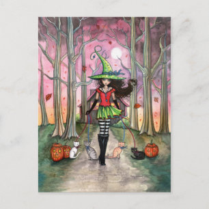 Carte postale de la sorcière d'Halloween promenant