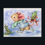 Carte postale de la souris de Noël Patinage sur gl<br><div class="desc">Patinage de vacances - L'hiver est arrivé à dernier et la souris a une nouvelle paire de patins à glace à essayer sur l'étang.  Art par Carmen Medlin.</div>