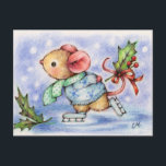 Carte postale de la souris de Noël Patinage sur gl<br><div class="desc">Patinage de vacances - L'hiver est arrivé à dernier et la souris a une nouvelle paire de patins à glace à essayer sur l'étang. Art par Carmen Medlin.</div>