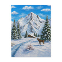 Carte postale de la vallée de la montagne enneigée