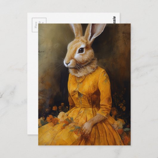 Carte postale de lapin en robe jaune (Devant / Derrière)