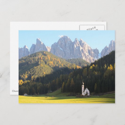 Carte postale de l'église avec Dolomites mountain  (Devant / Derrière)