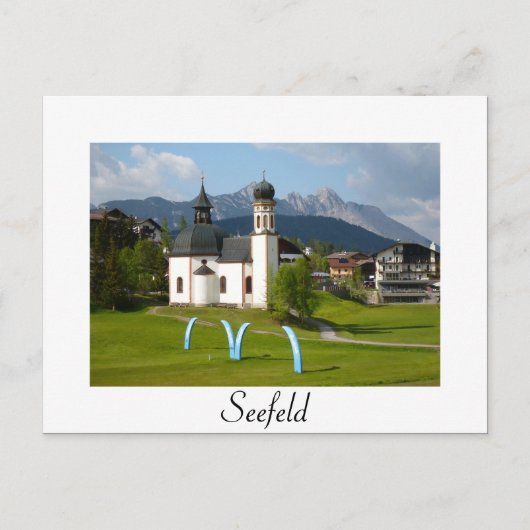 Carte postale de l'église de Seefeld en texte blan (Devant)