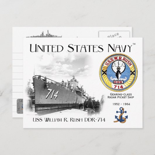 CARTE POSTALE DE L'USS WILLIAM R. RUSH DDR-714 RAD (Devant / Derrière)