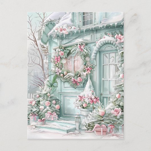 Carte postale de maison de Noël verte et rose (Devant)