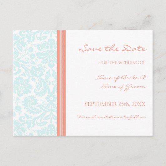 Carte postale de mariage Aqua Coral Damask pour an (Devant)