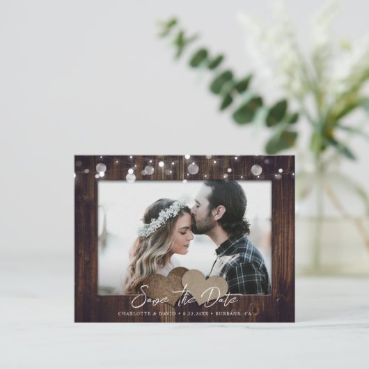 Carte postale de mariage en bois rustique avec pho (Debout devant)