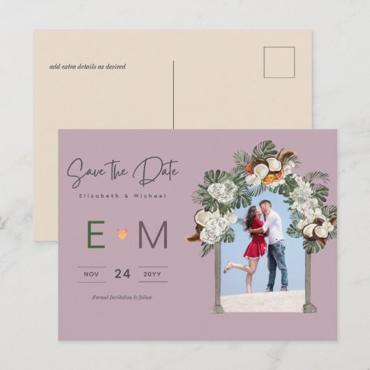 Carte postale de mariage photo Fleurs mauves "Save (Devant / Derrière)