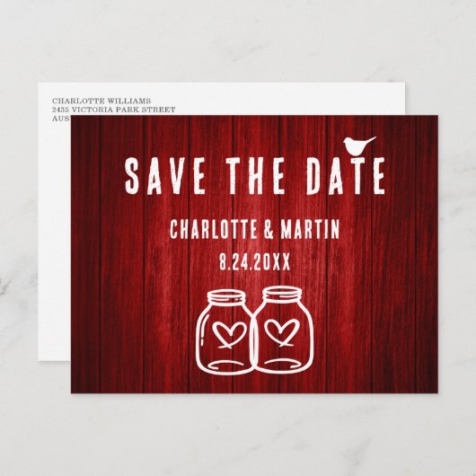 Carte postale de mariage Rouge Rustique Save The D (Devant / Derrière)