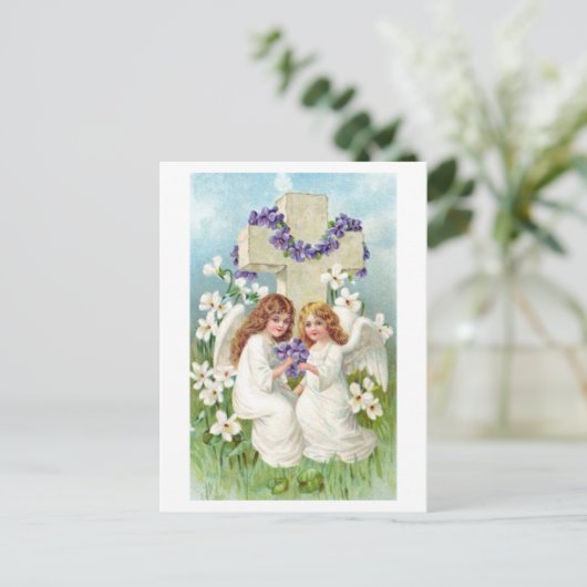 Carte Postale De Mignons Anges Avec Croix Et Fleurs. (Debout devant)